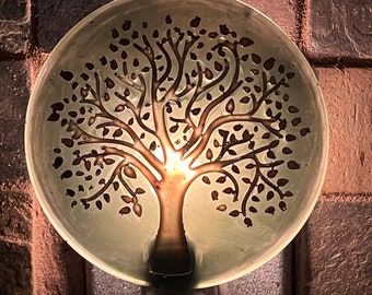 Tree of Life Nightlight, sage green hues and silver details, handmade from resin, plugs into standard outlet.