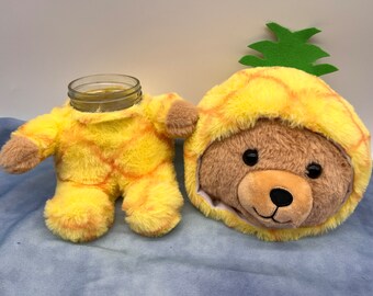 Teddy Bear in Pineapple pj's stash jar plush, upcycled stuffed animal, 8oz glass jar with twist on metal lid