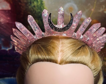 Pink flake resin crown, with silver wire and silver moon accent, comes with a metal headband