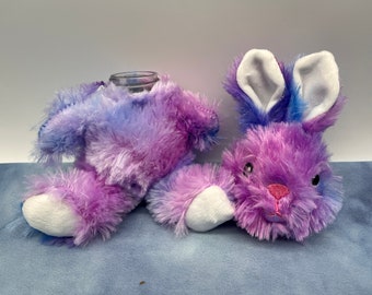Mini rabbit stash jar plush, upcycled stuffed animal, pink, purple and blue tie dye, 2oz glass jar with twist on metal lid