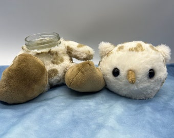 Owl stash jar plush, with extra large feet, upcycled stuffed animal, 4oz glass jar with twist on metal lid