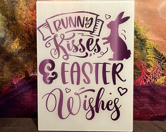 Bunny Kisses & Easter Wishes, Easter Bunny themed Large Glass Cutting Board, purple