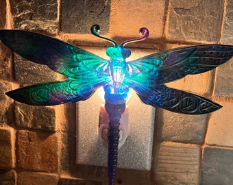 Dragonfly Nightlight, teal and purple, handmade from resin, plugs into standard outlet