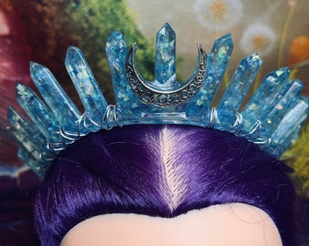 Blue resin crown, with silver wire and silver moon accent, comes with a metal headband