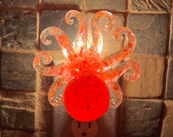Reddish Pink Iridescent Octopus Nightlight, handmade from resin, plugs into standard outlet
