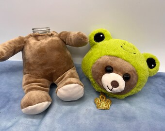 Teddy Bear wearing a Frog Prince outfit Stash Jar, upcycled plushie, small 2oz glass jar with twist on metal lid
