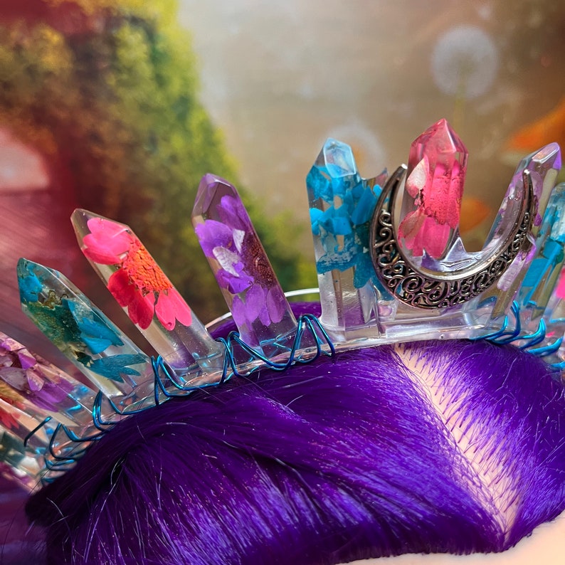 Resin crown with real flowers, inspired by the colors of the bi-flag, w/ blue wire and black moon accent, comes with a metal headband image 3
