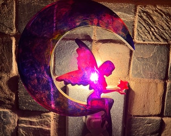 Fairy and Moon Nightlight, pinks and purples, handmade from resin, plugs into standard outlet