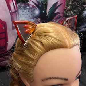 Resin cat ear barrettes, translucent ears with warm orange and yellow