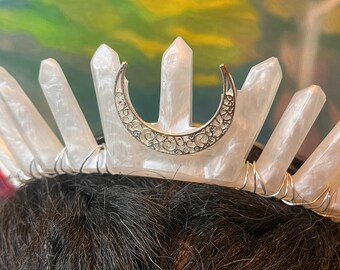 White resin crown, with silver wire and moon accent, comes with a metal headband