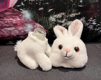 Mini rabbit stash jar plush, upcycled stuffed animal, white, .84oz glass jar with twist on metal lid