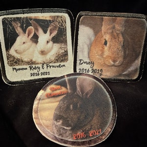 May include: Three embroidered patches featuring images of rabbits. The top left patch shows two white rabbits in a nest with the text "Momma Ruby & Princeton 2016-2021". The top right patch shows a brown rabbit with the text "Dovey 2016-2019". The bottom patch shows a black rabbit with the text "Sweet Clementine 2016-2021".