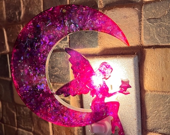 Fairy and Moon Nightlight, pinks and purples with iridescent flakes, handmade from resin, plugs into standard outlet