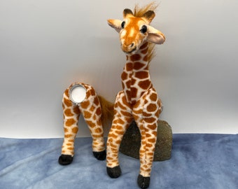 Small giraffe stash jar plush, posable legs, upcycled stuffed animal, small 2oz glass jar with twist on metal lid