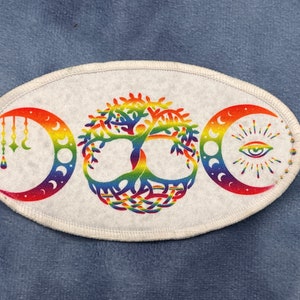 Triple Moon Rainbow patch, iron or sew on, 4.5x2.5, tree of life, stars and moons phases, all seeing eye image 1