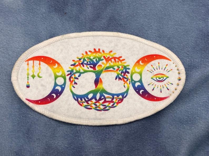 Triple Moon Rainbow patch, iron or sew on, 4.5x2.5, tree of life, stars and moons phases, all seeing eye image 1