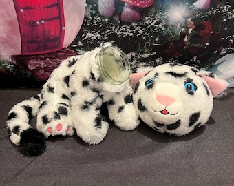 Spotted snow leopard stash jar plush, upcycled stuffed animal, 8oz glass jar with twist on metal lid