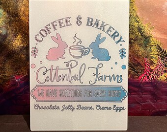 Cottontail Farms Coffee & Bakery, Easter Bunny themed Large Glass Cutting Board, pink and blue