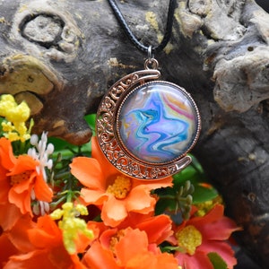Double sided moon necklace, one side abstract-one side tree of life with seasons