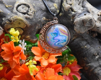 Double sided moon necklace, one side abstract-one side tree of life with seasons