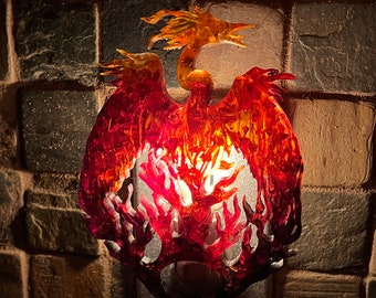 Phoenix with gold metallic flakes in warm tones nightlight, handmade from resin, plugs into standard outlet