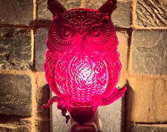 Hot Pink Owl Nightlight, handmade from resin, plugs into standard outlet