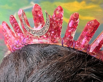 Dark pink flake resin crown, with purple wire and silver moon accent, comes with a metal headband