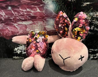 Mini sequined purple bunny stash jar plush keychain, upcycled stuffed animal, purple, glass jar with twist on metal lid