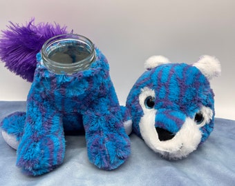 Blue Squirrel stash jar plush, upcycled stuffed animal, fluffy purple tail, large 16oz glass jar with twist on metal lid