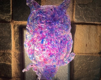 Owl Nightlight, pink and purple opalescent flakes, handmade from resin, plugs into standard outlet