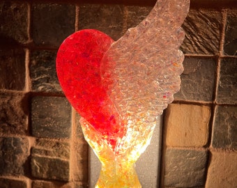 Large Nightlight, hands holding a half heart, half wings, handmade from resin, plugs into standard outlet