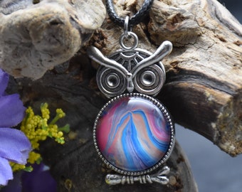 Rainbow owl pendant on cord necklace