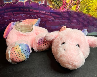Pink winged cow stash jar plush, pink with rainbow accents and bling,  upcycled stuffed animal, 8oz glass jar with twist on metal lid