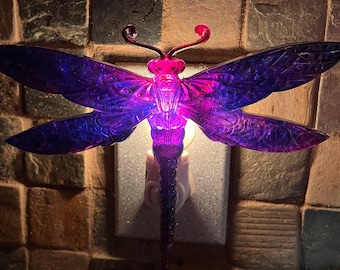 Pink and Purple Dragonfly Nightlight, handmade from resin, plugs into standard outlet