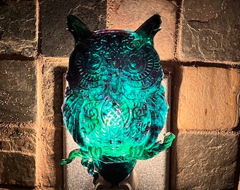 Green Owl Nightlight, full of iridescent flakes, handmade from resin, plugs into standard outlet