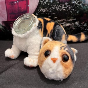 Calico cat stash jar plush, velvet like material, upcycled stuffed animal, 8oz glass jar with twist on metal lid