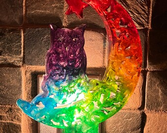 Large Rainbow Owl in Moon Nightlight, handmade from resin, plugs into standard outlet