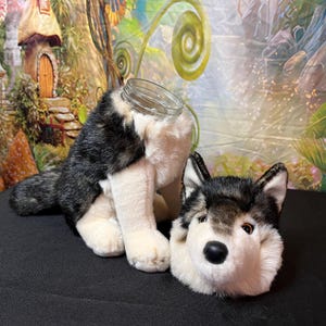May include: A gray and white plush wolf with a glass jar on its back. The wolf is sitting on a black surface.