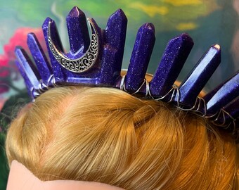 Dark purple resin crown, sparkling with lots of glitter, with silver wire and silver moon accent, comes with a metal headband