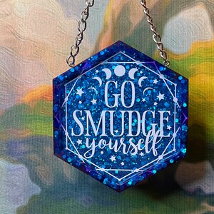 Blue chunky glitter &#39;Go Smudge Yourself&#39; resin wall hanging, hexagonal