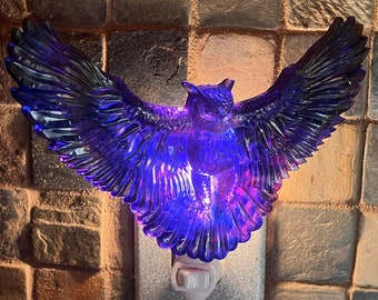 Open Wings Owl Nightlight, blue & purple, handmade from resin, plugs into standard outlet