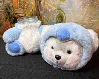 Cute plush wearing blue koala pj's stash jar plush, upcycled stuffed animal, 4oz glass jar with twist on metal lid