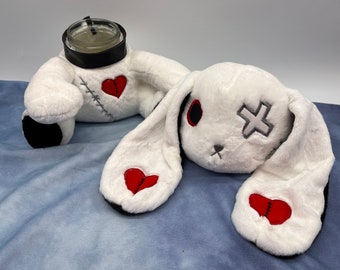 Small Gothic Rabbit stash jar plush, stitched up in white, upcycled stuffed animal, 8oz glass jar with twist on metal lid