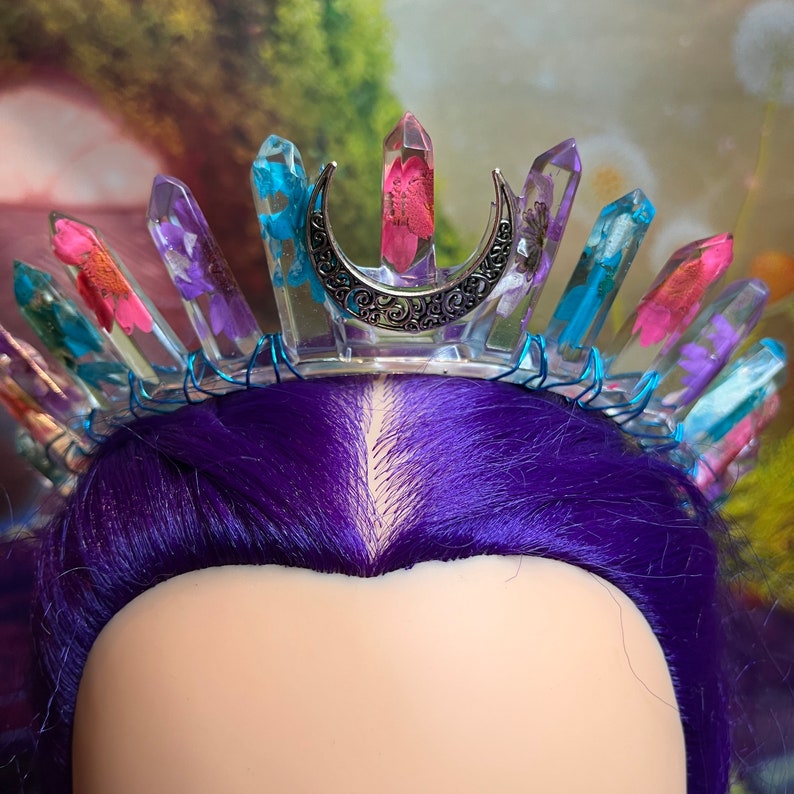 Resin crown with real flowers, inspired by the colors of the bi-flag, w/ blue wire and black moon accent, comes with a metal headband image 1