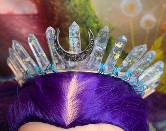 Clear resin crown with chunky opalescent flakes, with blue wire and silver moon accent, comes with a metal headband