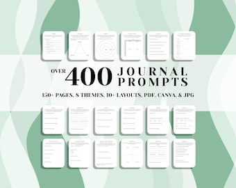 May include: An image showcasing a collection of journal prompts. The text reads "Over 400 Journal Prompts" with details about pages, themes, and layouts. The background has a soft, abstract green and white design.