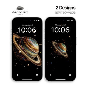 May include: Two iPhone mockups with a black background and a colorful, 3D, planet-like design with a ring system. The time is displayed as 10:06 on both screens. The text "Monday, June 6" is displayed above the time.