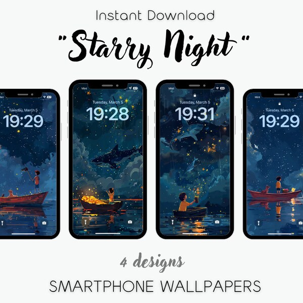 Starry Night Smartphone Wallpaper set, Blue, Abstract, Ink, Water, Natural style, dog, Cozy, digital wallpaper,  iPhone Aesthetic Background