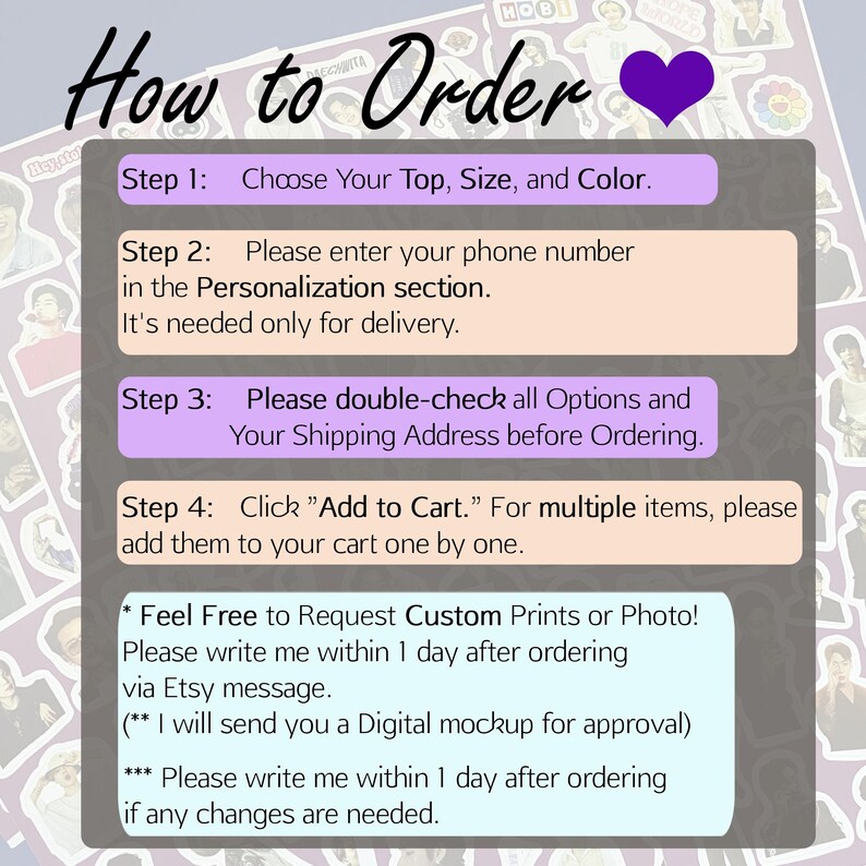 Może przedstawiać: Grafika z instrukcjami zamawiania, z tekstem "How to Order" w stylu ręcznym. Kroki obejmują wyb&oacute;r topu, rozmiaru i koloru oraz dodawanie przedmiot&oacute;w do koszyka. Fioletowe serce znajduje się na g&oacute;rze.