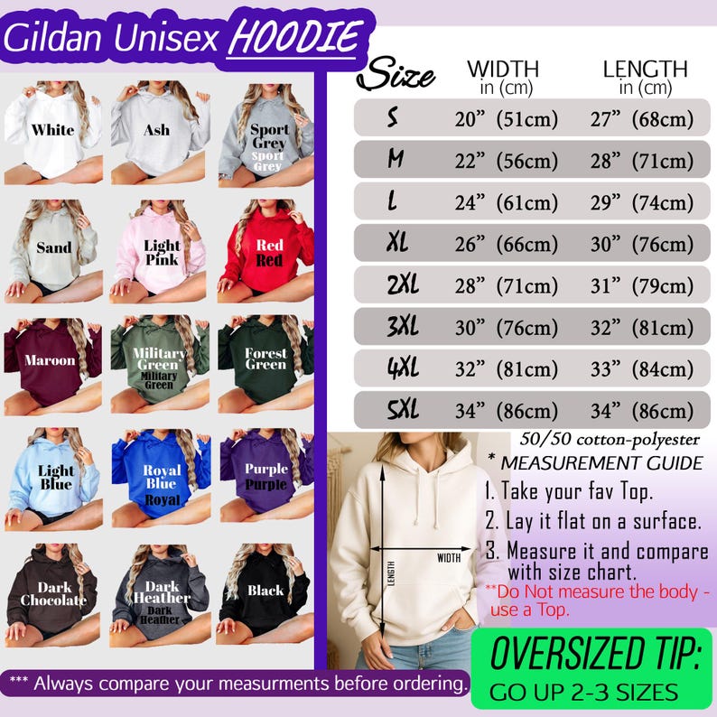 Może przedstawiać: Bluza z kapturem Gildan Unisex w r&oacute;żnych kolorach, w tym białym, szarym i czerwonym. Obraz wyświetla tabelę rozmiar&oacute;w z wymiarami w calach i centymetrach oraz wskaz&oacute;wkę dotyczącą rozmiaru. Bluza wykonana jest z 50/50 bawełny i poliestru.